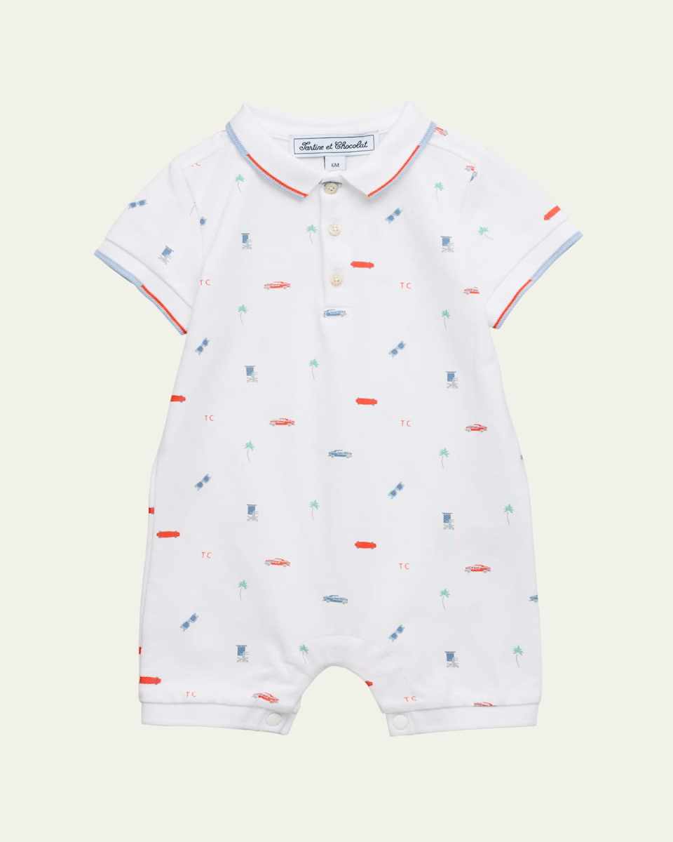 Boy's Polo Short-Sleeve Printed Cotton Jumpsuit, Size Newborn-4
